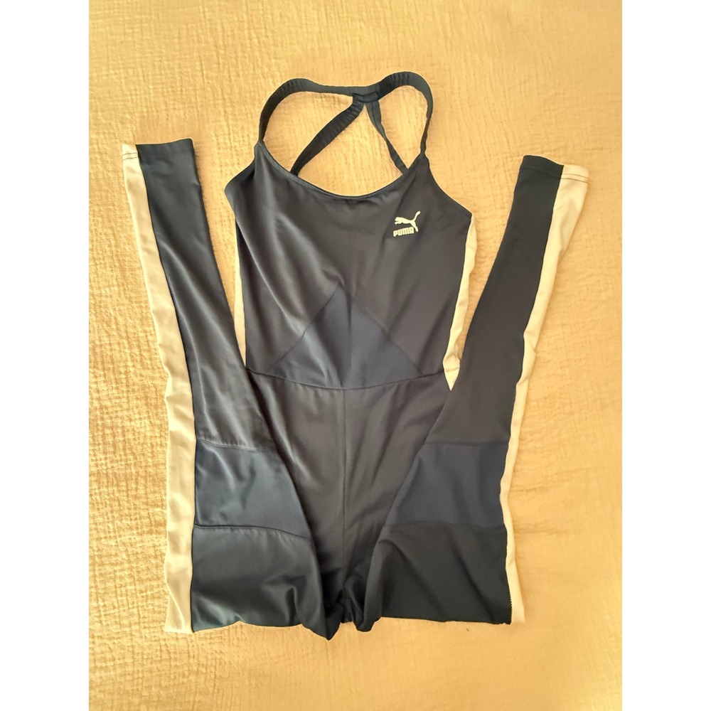 PUMA Womens S Blue White One Piece Unitard Jumpsuit Y2K Athletic Strappy Logo - Picture 10 of 12